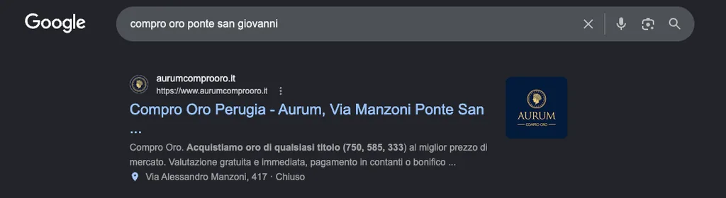 Risultato di ricerca Google che mostra il sito di un cliente