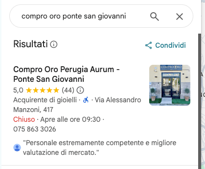 Scheda Google Maps di un nostro cliente di Ponte San Giovanni con valutazione 5 stelle e 44 recensioni