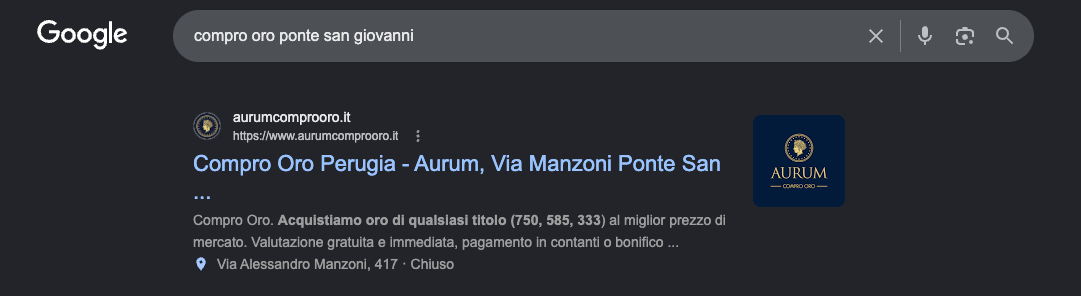 Risultato della ricerca Google per 'compro oro ponte san giovanni' con il sito di un nostro cliente in posizione di rilievo